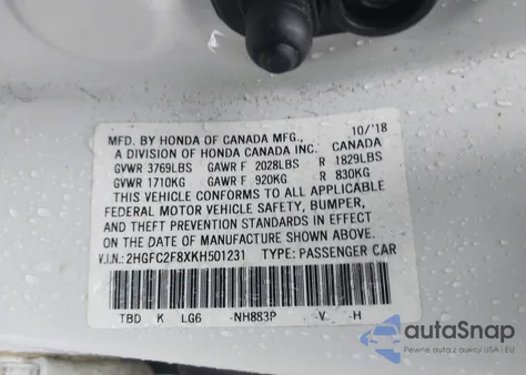 2019 Honda Civic Sport z USA, uszkodzony, nr VIN 2HGFC2F8XKH501231